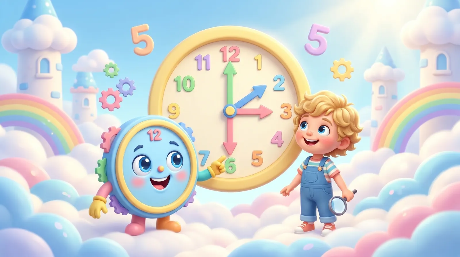 Toby the clock mascot helping a first grader read a half-past time on an analog clock