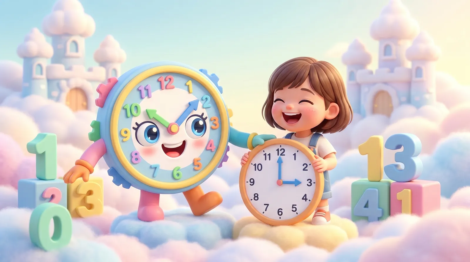 Toby the clock mascot helping a kindergartner read a full-hour clock with number blocks