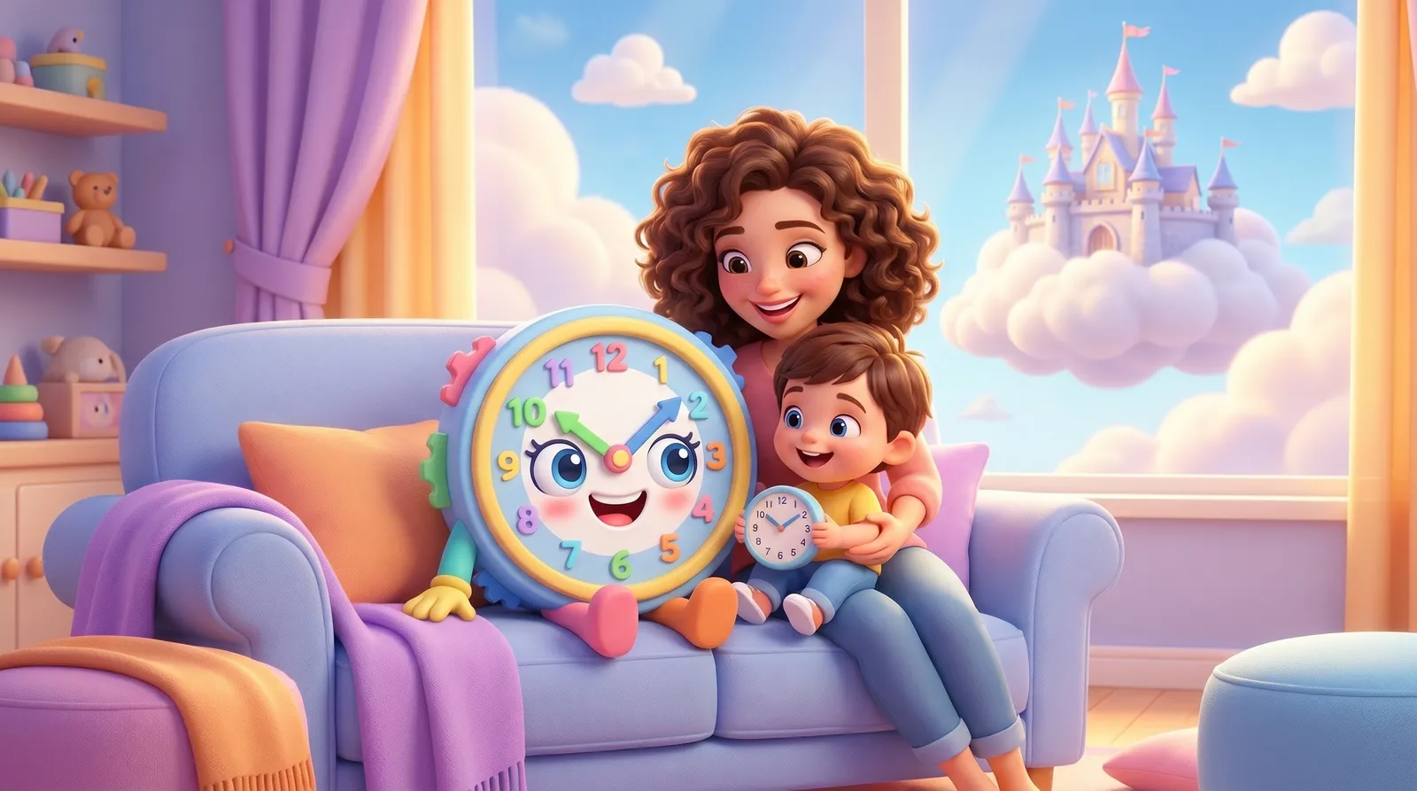 Toby the clock mascot with a parent and child reading a clock together at home