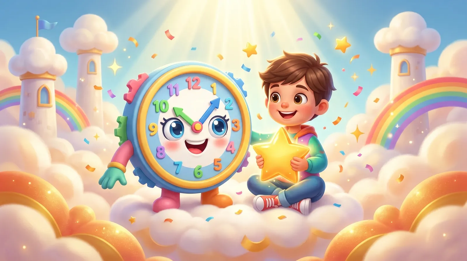 Toby the clock mascot celebrating a second grader reading a clock to five minutes