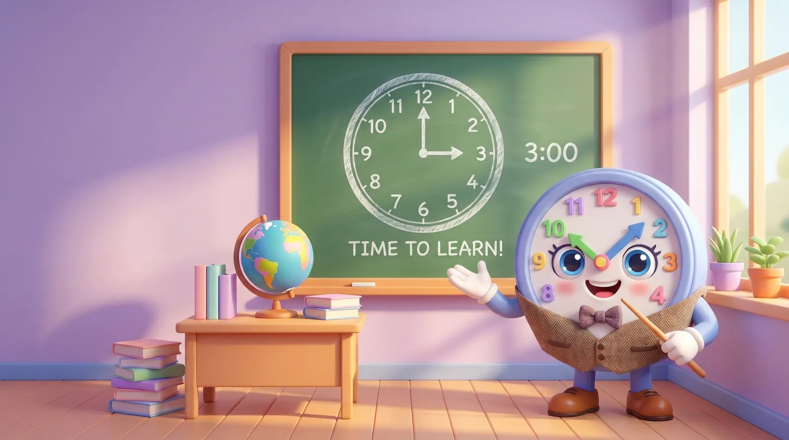 Toby the clock mascot as a friendly teacher at a chalkboard showing a clock diagram